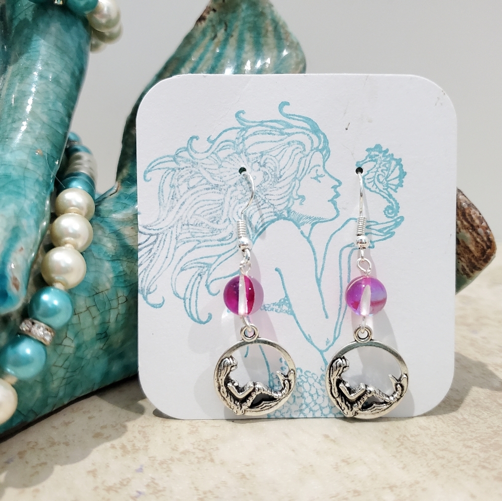 Purple Mermaid Glass Charm Earrings
